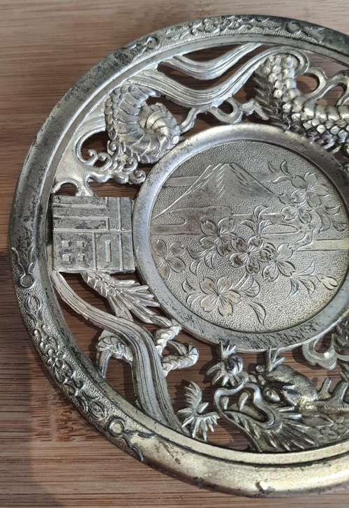 Green Glass Cup in Ornate Sterling Silver Overlaid Cup Holder and Saucer - Marked (2)