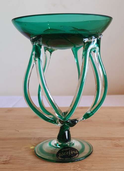 Exquisite Hand Blown Polish Jozefina Sculpture/Artwork - Green/Teal Bowl with Artistic Stem - Marked