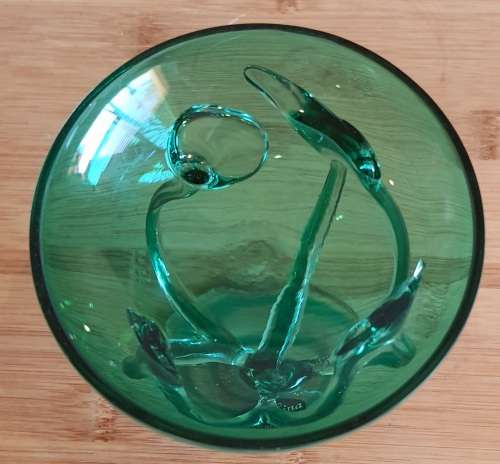 Exquisite Hand Blown Polish Jozefina Sculpture/Artwork - Green/Teal Bowl with Artistic Stem - Marked