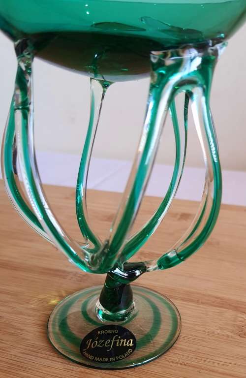 Exquisite Hand Blown Polish Jozefina Sculpture/Artwork - Green/Teal Bowl with Artistic Stem - Marked
