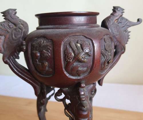 Pair of Large 19th Century Japanese Bronze Censers with Phoenix Decor from Meiji Era