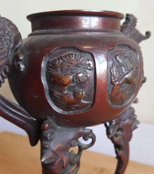 Pair of Large 19th Century Japanese Bronze Censers with Phoenix Decor from Meiji Era