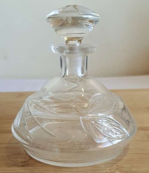 Hand Blown Glass with Etched Butterfly and Leaves Perfume Bottle and Stopper