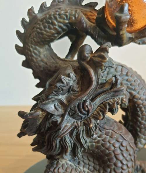 Highly Detailed Bronze Dragon with Hand Blown Glass Golden Orb on Wooden Plinth
