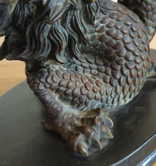 Highly Detailed Bronze Dragon with Hand Blown Glass Golden Orb on Wooden Plinth