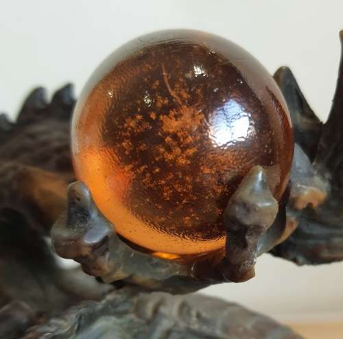 Highly Detailed Bronze Dragon with Hand Blown Glass Golden Orb on Wooden Plinth