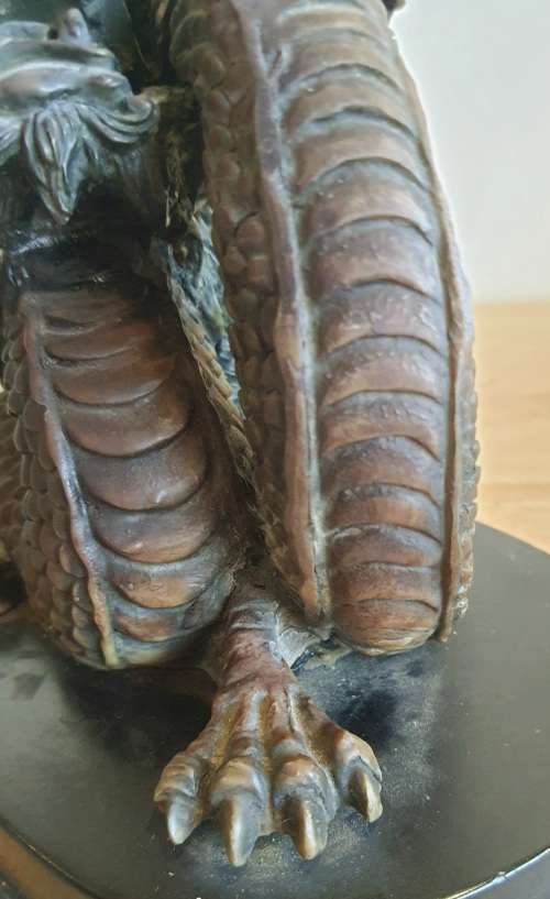 Highly Detailed Bronze Dragon with Hand Blown Glass Golden Orb on Wooden Plinth