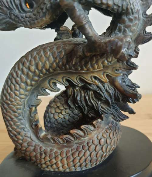 Highly Detailed Bronze Dragon with Hand Blown Glass Golden Orb on Wooden Plinth