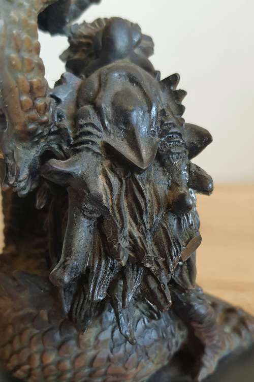 Highly Detailed Bronze Dragon with Hand Blown Glass Golden Orb on Wooden Plinth