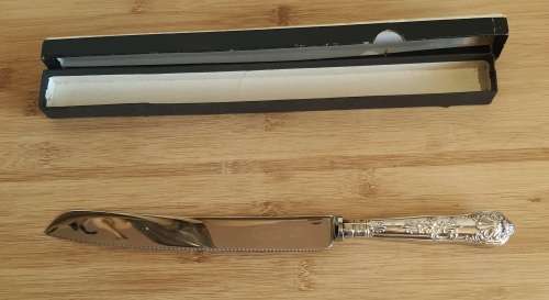 Boxed Sheffield Sterling Silver Handle Bread Knife - Hall Marked 76g - Stainless Deluxe Blade