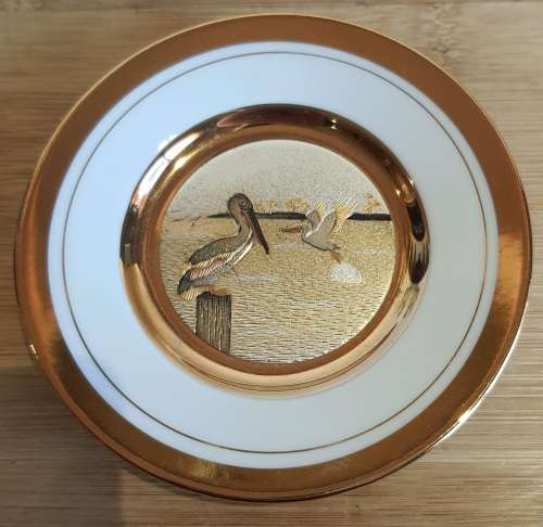 Metal Engraved Japanese CHOKIN 24kt Gold Pelican Plate with Stand - Marked