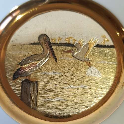 Metal Engraved Japanese CHOKIN 24kt Gold Pelican Plate with Stand - Marked