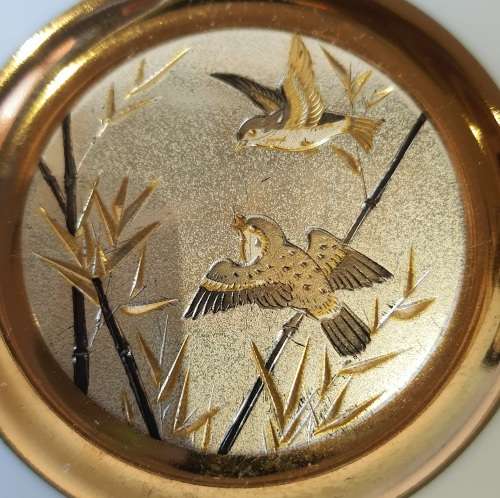 Metal Engraved Japanese CHOKIN 24kt Gold 2 Birds Plate with Stand - Marked