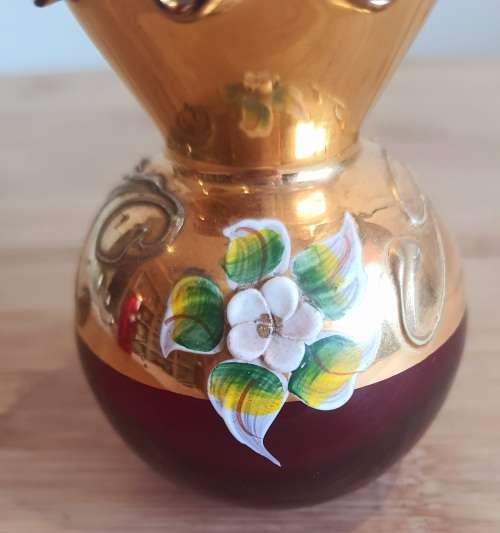 Murano Glass Hand Blown and Painted Ruby Red and Gilt Bud Vase with Scallops