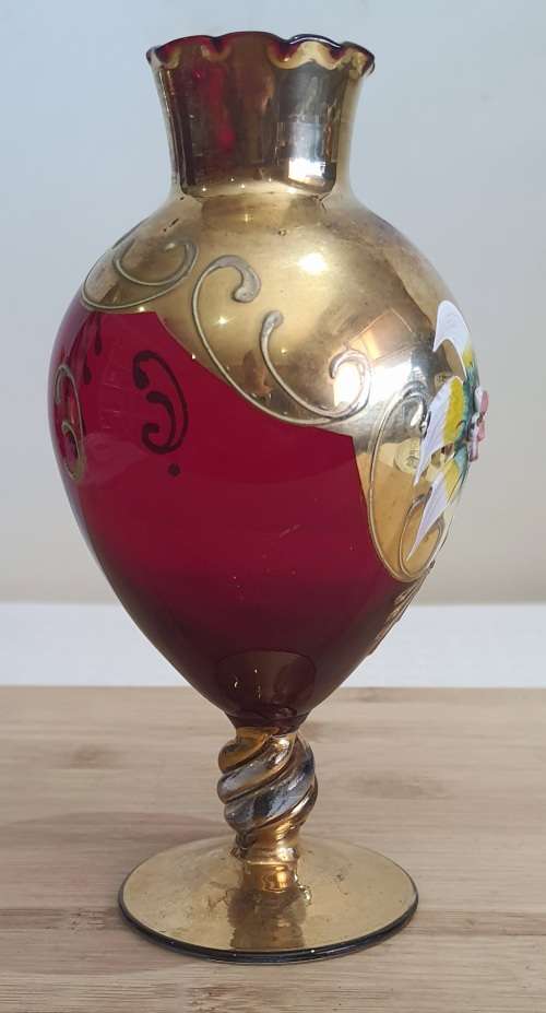 Murano Glass Hand Blown and Painted Ruby Red and Gilt Vase with Twisted Stem and Scallops