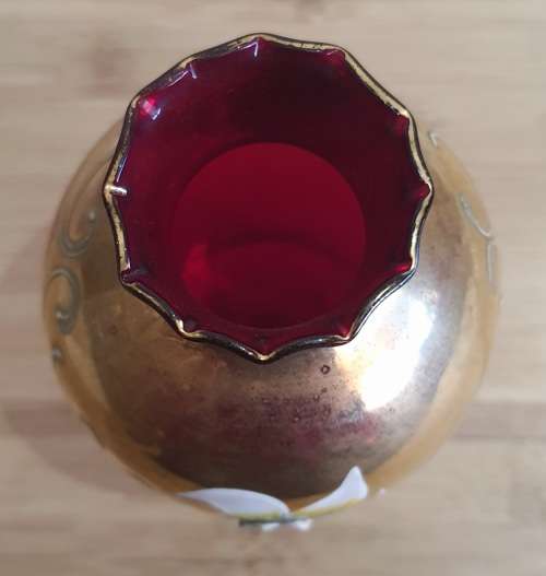 Murano Glass Hand Blown and Painted Ruby Red and Gilt Vase with Twisted Stem and Scallops