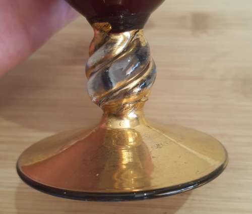 Murano Glass Hand Blown and Painted Ruby Red and Gilt Vase with Twisted Stem and Scallops