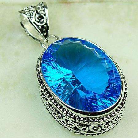 925 SILVER - EXQUISITE SWISS BLUE TOPAZ GEMSTONE PENDANT 1.75"(Hallmarked)