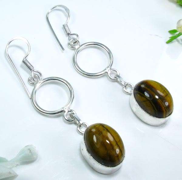 ALWAYS POPULAR TIGER EYE UNIQUE 925 SILVER EARRINGS 2 1/2"; E7561