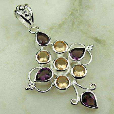 DESIRABLE 925 SILVER MORGANITE AND PURPLE AMETHYST GEMSTONE PENDANT 2.4"