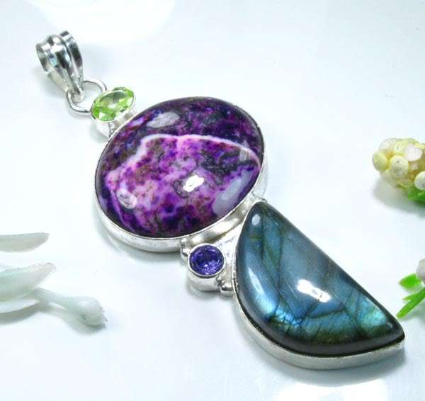 EXCITING DENDRITIC OPAL+LABRADORITE+PERIDOT+AMETHYST 925 SILVER PENDANT 3"; J7589