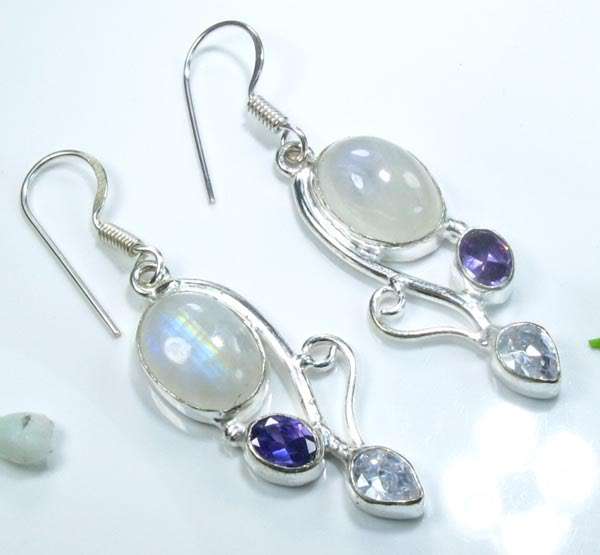 RAINBOW MOONSTONE+AMETHYST+TOPAZ 925 SILVER EARRINGS 2"; J7167