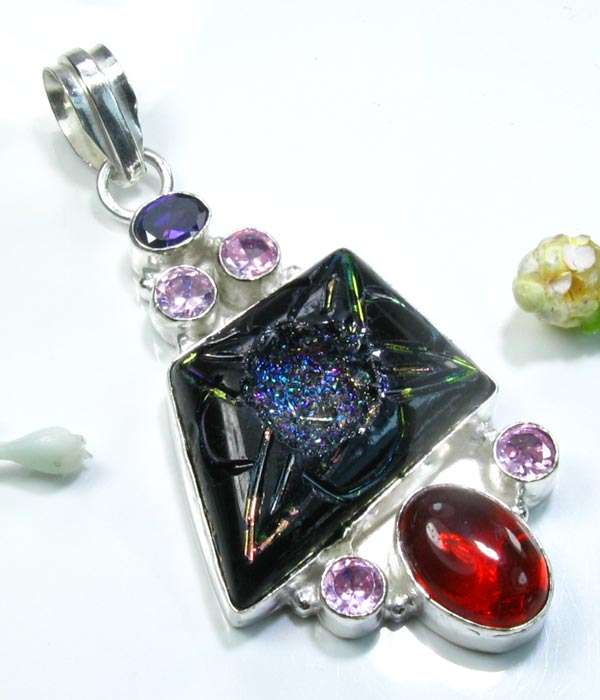 -25% AUTUMN SALE!!!!!  NATURAL TITANIUM+GARNET+AMETHYST+PINK TOPAZ 925 SILVER PENDANT 2 3/4"; M4284