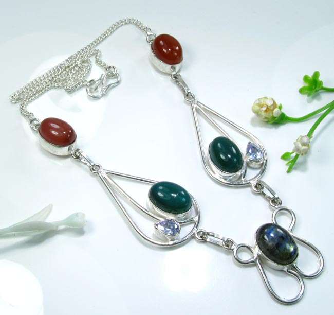 LABRADORITE, JADE, CARNELIAN, AMETHYST NATURAL GEMSTONE 925 SILVER NECKLACE 17"