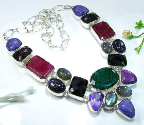 DISTINCT 100% GENUINE HUGE MULTI-GEMS 925 SILVER NECKLACE 18"; N9835