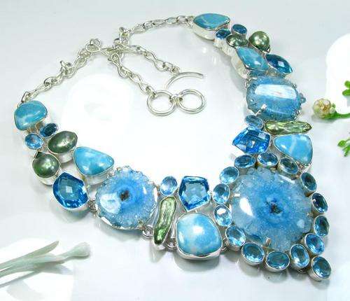 IMPRESSIVE POLISHED DRUSY+RARE LARIMAR+BIWA PEARL+BLUE TOPAZ 925 SILVER NECKLACE 19"; M4039