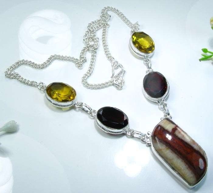 UNIQUE GENUINE JASPER+GARNET+CITRINE 925 SILVER NECKLACE 18"; N5349