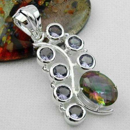 925 SILVER TRENDY MYSTIC TOPAZ & AMETHYST GEMSTONE PENDANT 2.3"