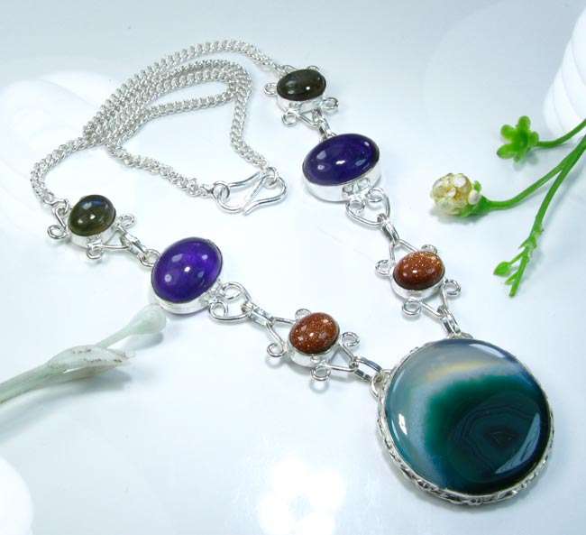 GENUINE BOTSWANA AGATE+LABRADORITE+SUN SITARA+AMETHYST 925 SILVER NECKLACE 18";N9817