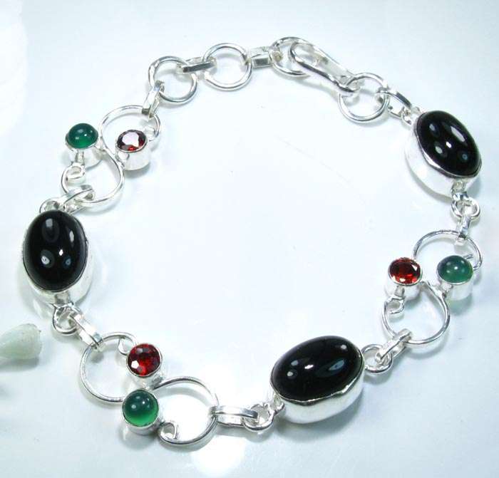 GENUINE BLACK ONYX+CHRYSOPRASE+GARNET 925 SILVER BRACELET 7 1/2"-9; N5376