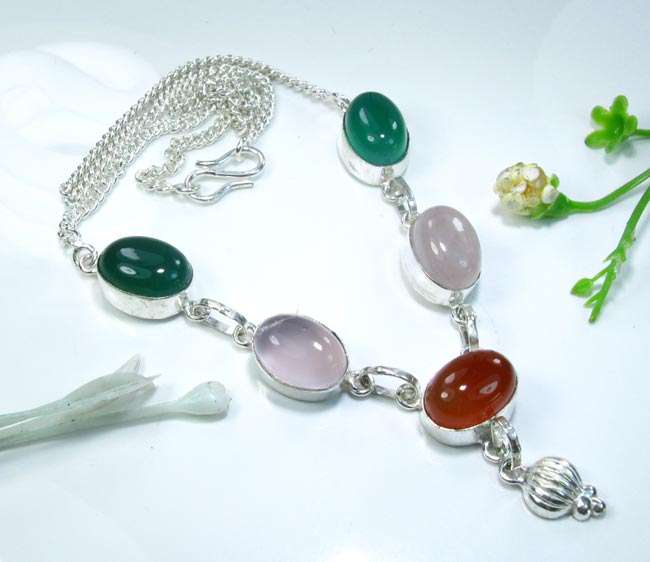 GENUINE CHRYSOPRASE+CARNELIAN+ROSE QUARTZ 925 SILVER NECKLACE 17"; N9732