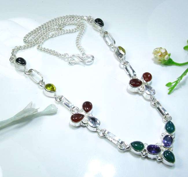 GENUINE CARNELIAN+CHRYSOPRASE+AMETHYST+CITRINE+ONYX 925 SILVER NECKLACE 18"; N9724