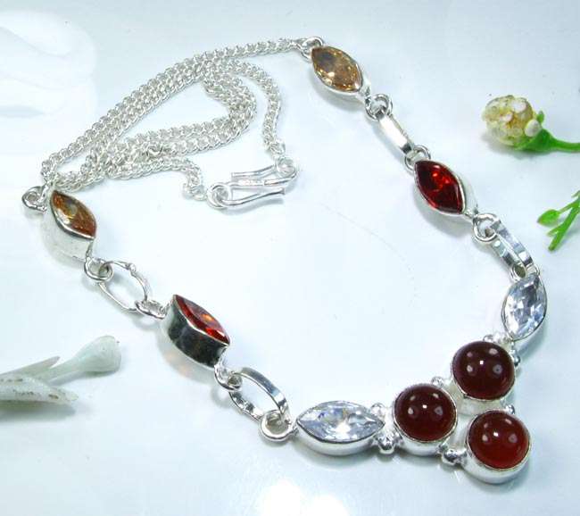 GENUINE CARNELIAN+GARNET+ORANGE TOPAZ 925 SILVER NECKLACE 17"; N9832