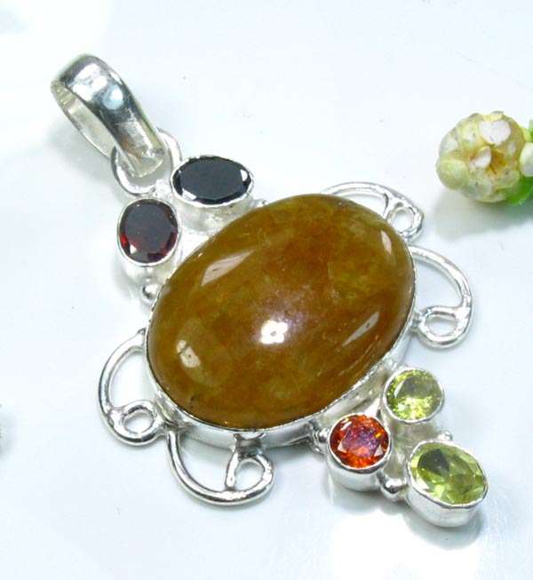 UNIQUE AND NATURAL CALCITE+HEMATITE+GARNET+CITRINE 925 SILVER PENDANT 2 1/4"; M4086