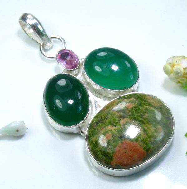 DISTINCT NATURAL UNAKITE+CHRYSOPRASE+PINK TOPAZ 925 SILVER PENDANT 2 1/4"; K3684