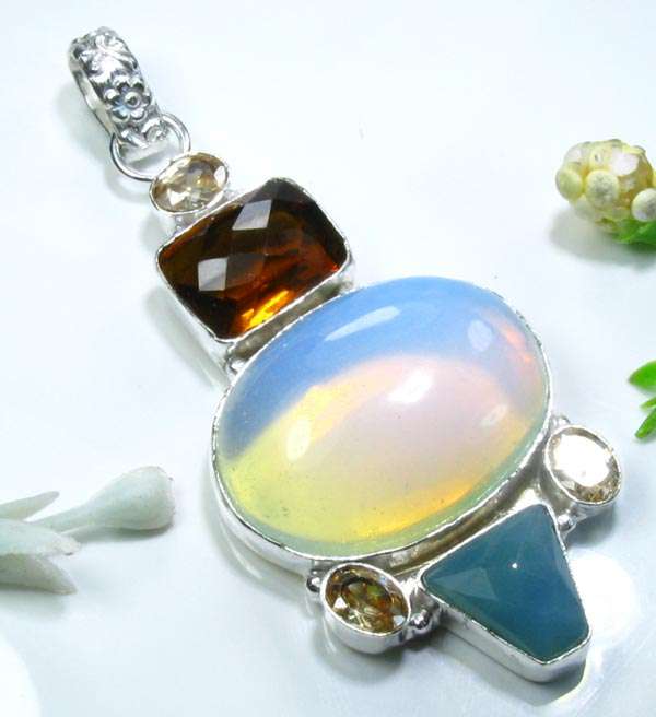 PHENOMENAL NATURAL OPALITE+(FACETED CITRINE+AGATE)+TOPAZ 925 SILVER PENDANT 3"; K3398