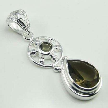 925 SILVER TRENDY SMOKY QUARTZ GEMSTONE PENDANT 2.2"