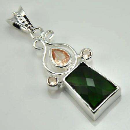 925 SILVER FASHION GREEN QUARTZ AND TOPAZ GEMSTONE PENDANT 2.2"