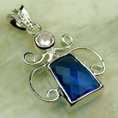 925 SILVER TRENDY BLUE & PINK TOPAZ GEMSTONE PENDANT 1.8"