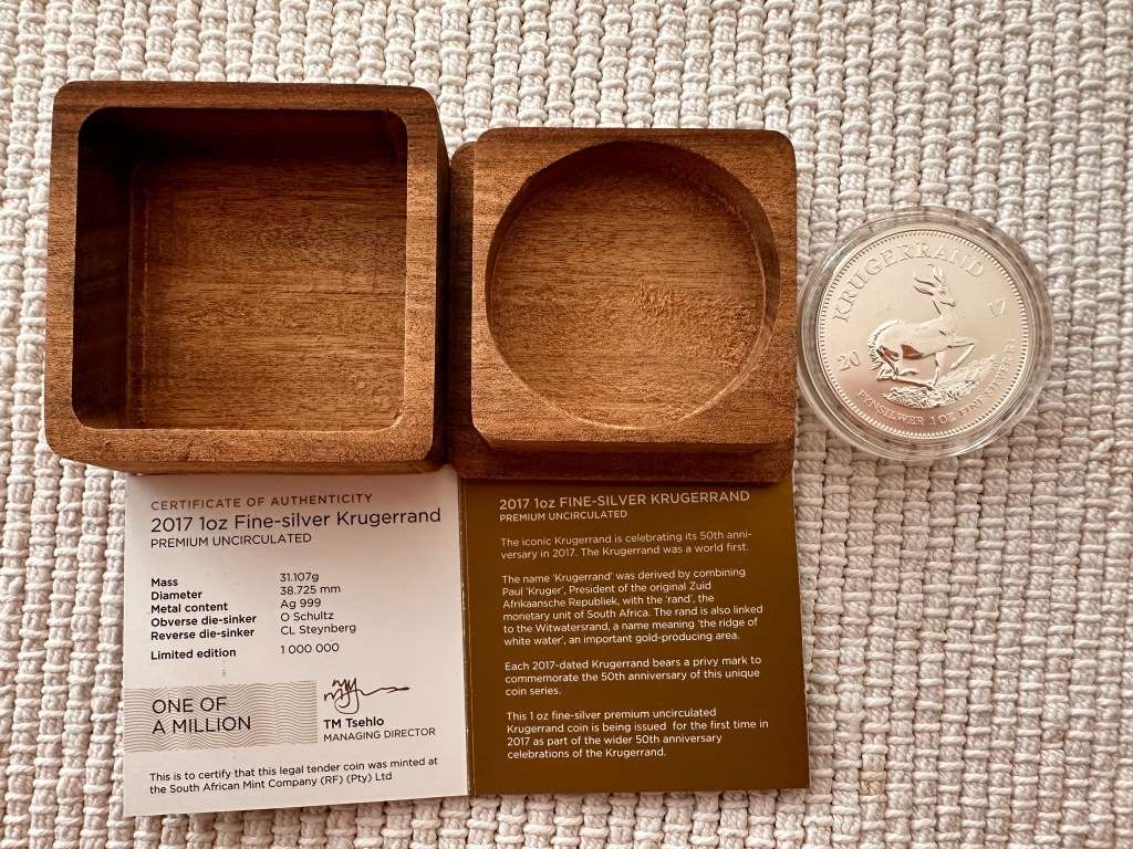 first edition 2017 silver unc krugerrand with certificate and custom made wooden box