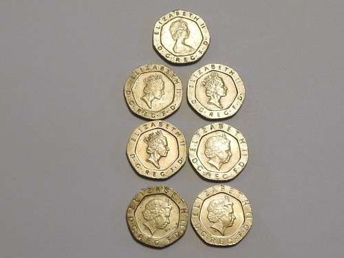 20 Pence Sterling Coin set (seven coins), British, Circulated - As per image - Bid per coin!