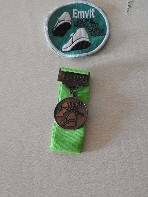Jackie Mekler 56km marathon Emvit bronze medal and cloth badge 1992