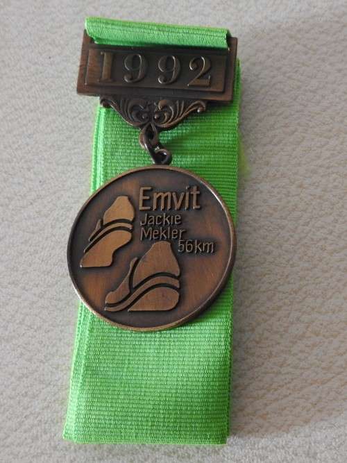 Jackie Mekler 56km marathon Emvit bronze medal and cloth badge 1992