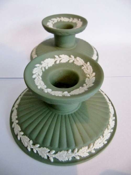 Wedgwood Green Jasperware Pair of Candle Holders