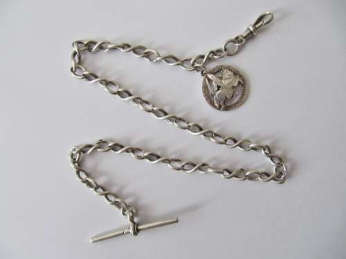 Antique Sterling Silver Fob Chain with T-Bar and Medal