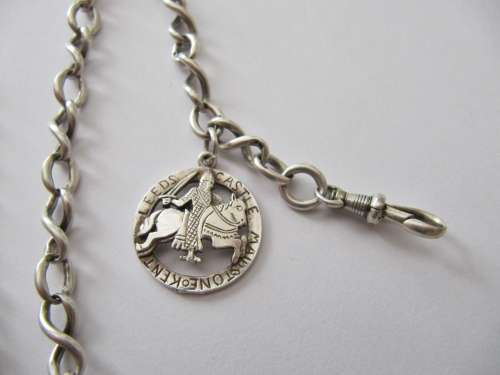 Antique Sterling Silver Fob Chain with T-Bar and Medal